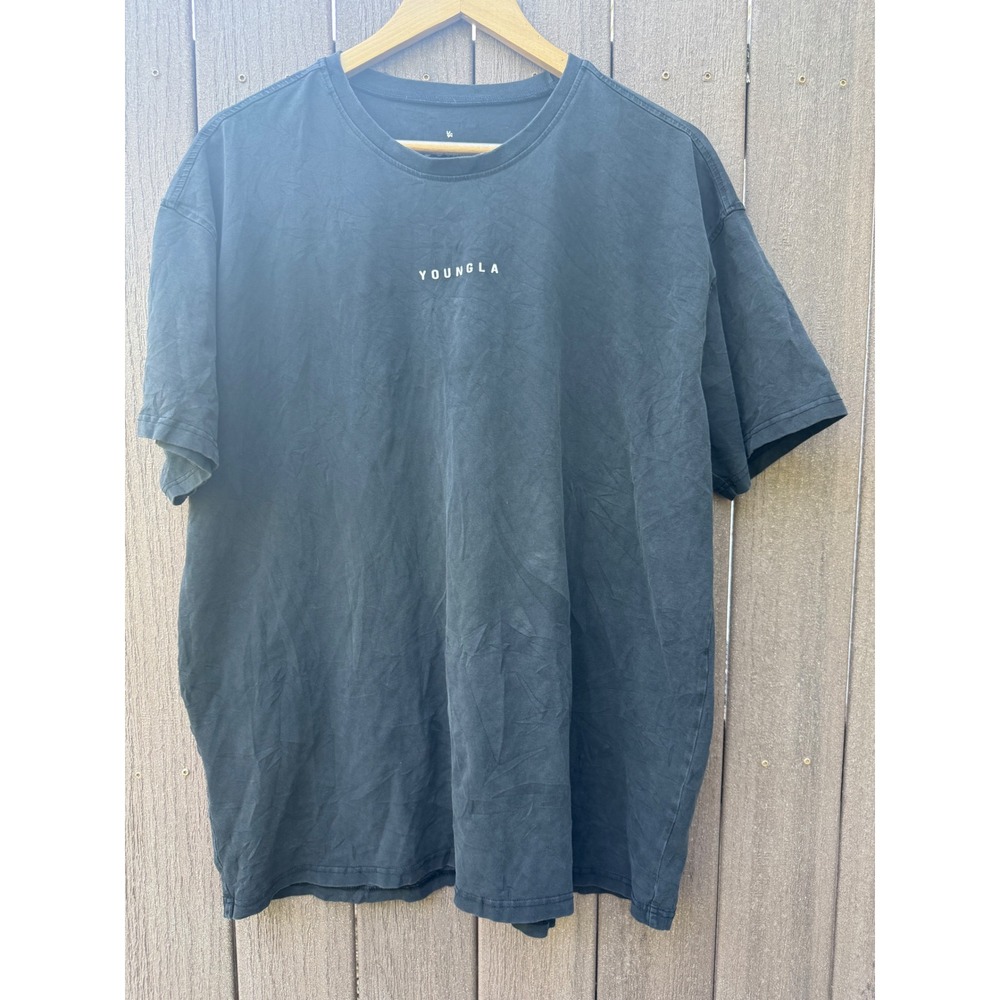 YoungLA Mens Oversized Gym T-Shirt Washed Black Cotton Logo Tee Large